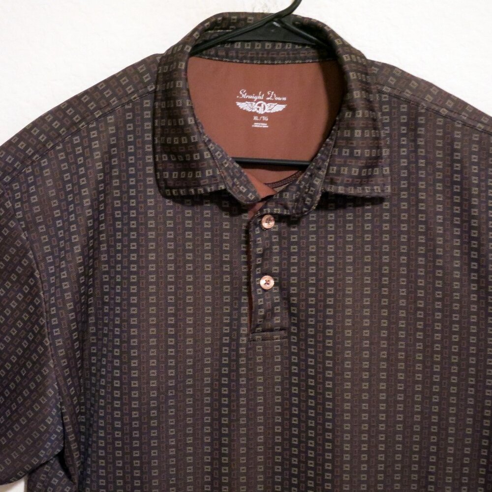 Straight Down Shirt Mens XL Short Sleeve Performance Golf Polo Brown Squares